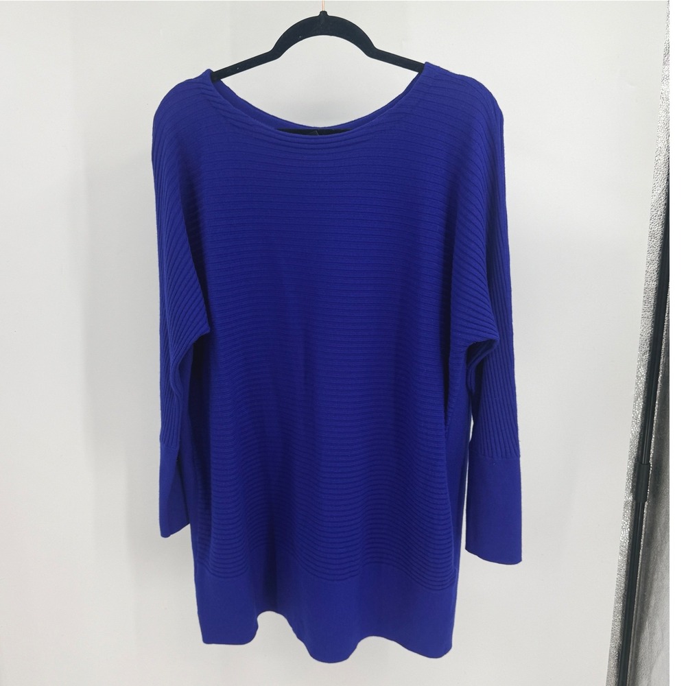 Eileen Fisher Royal Blue Ribbed Wool Blend Oversized Tunic Sweater M Cozy Soft